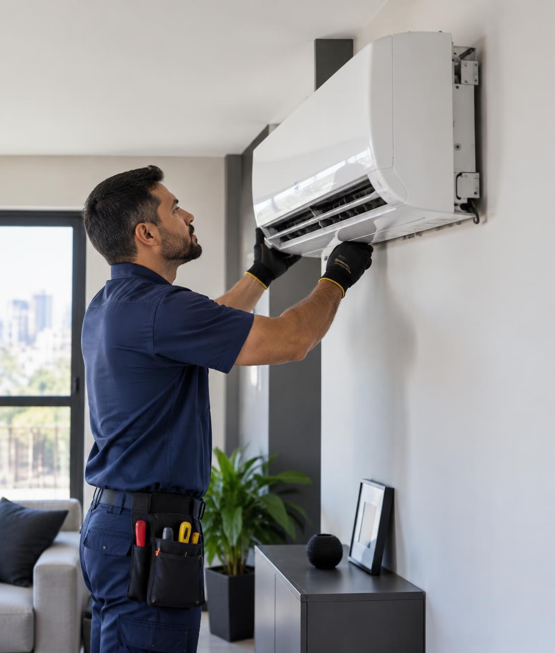 Técnico instalando um aparelho de ar-condicionado split